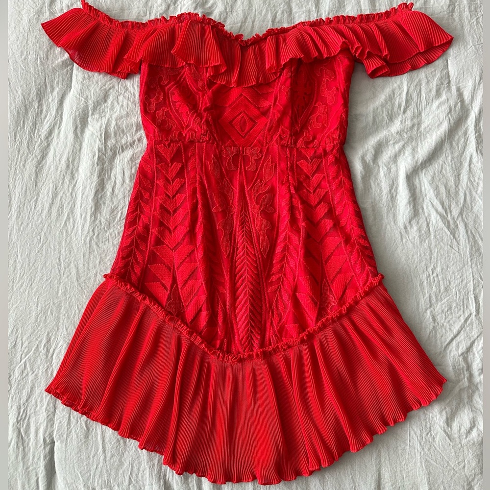 Red lace detail dress off the shoulder